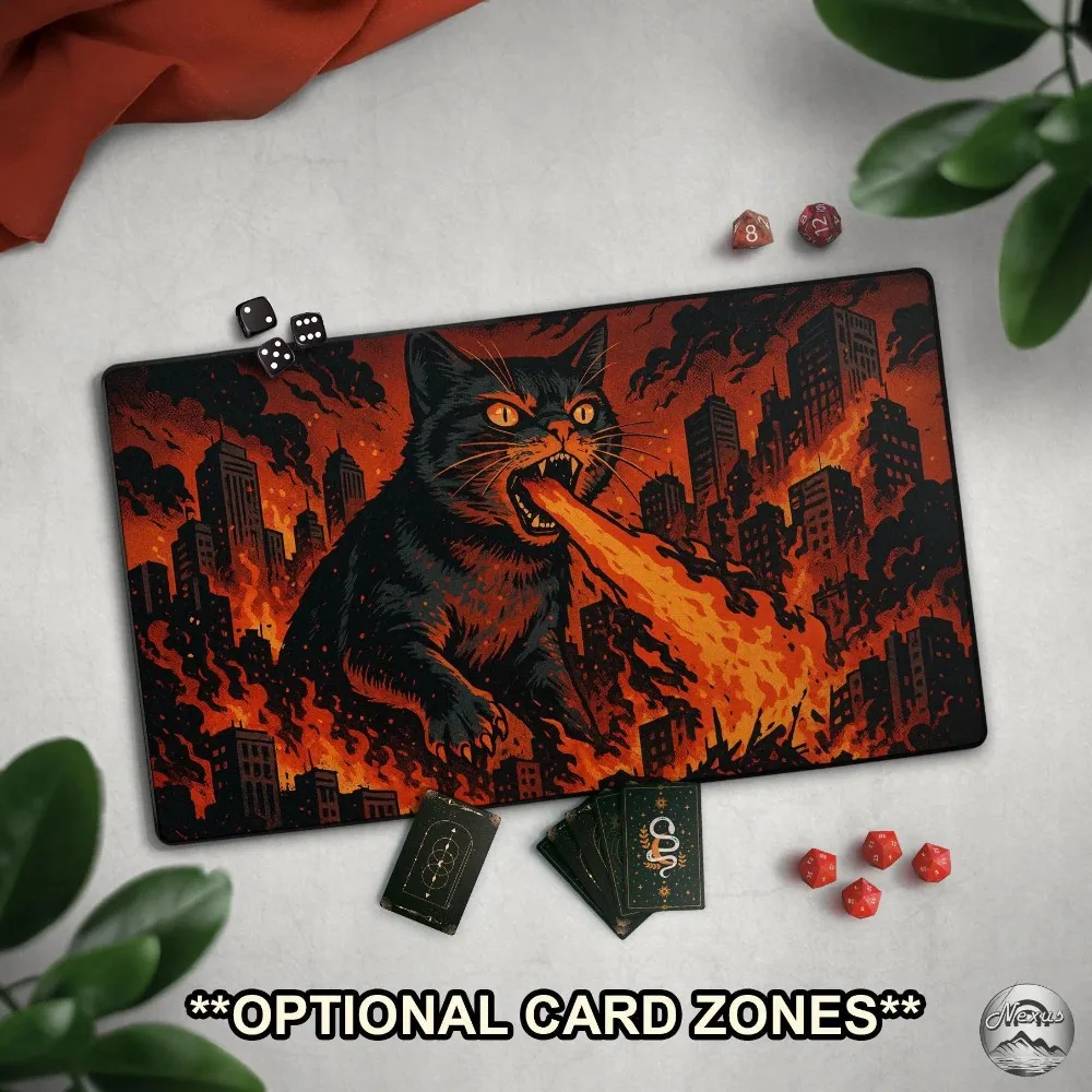 Hungry Fire Breathing Cat of Doom TCG PlayMat With EDH Zones, Funny Animal Causing Chaos, Cat Lover Gag Gift, Great Cat