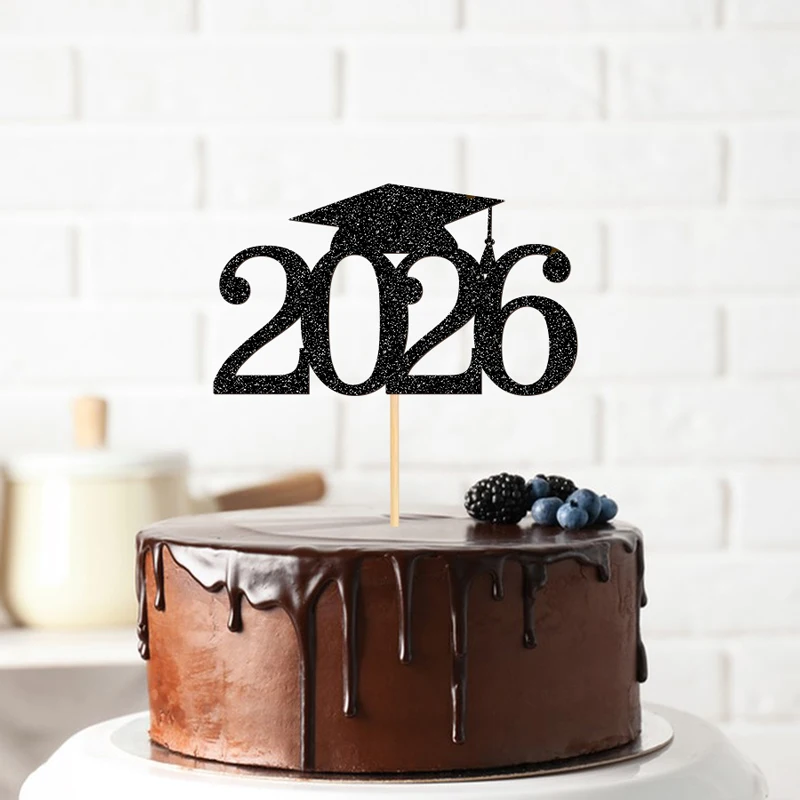 YOMDID 10 Stück 2026 Abschlussfeier Tortendekoration Glitzer 2026 Abschlussfeier Cupcake-Topper mit langen Stäbchen Kuchendekoration