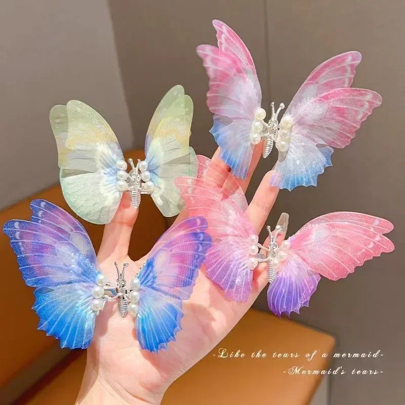 Moving Butterfly Barrette Double Layer Tulle Butterfly Hair Clip Kids Colorful Hairpin Sweet Cute Butterfly Barrette Accessories