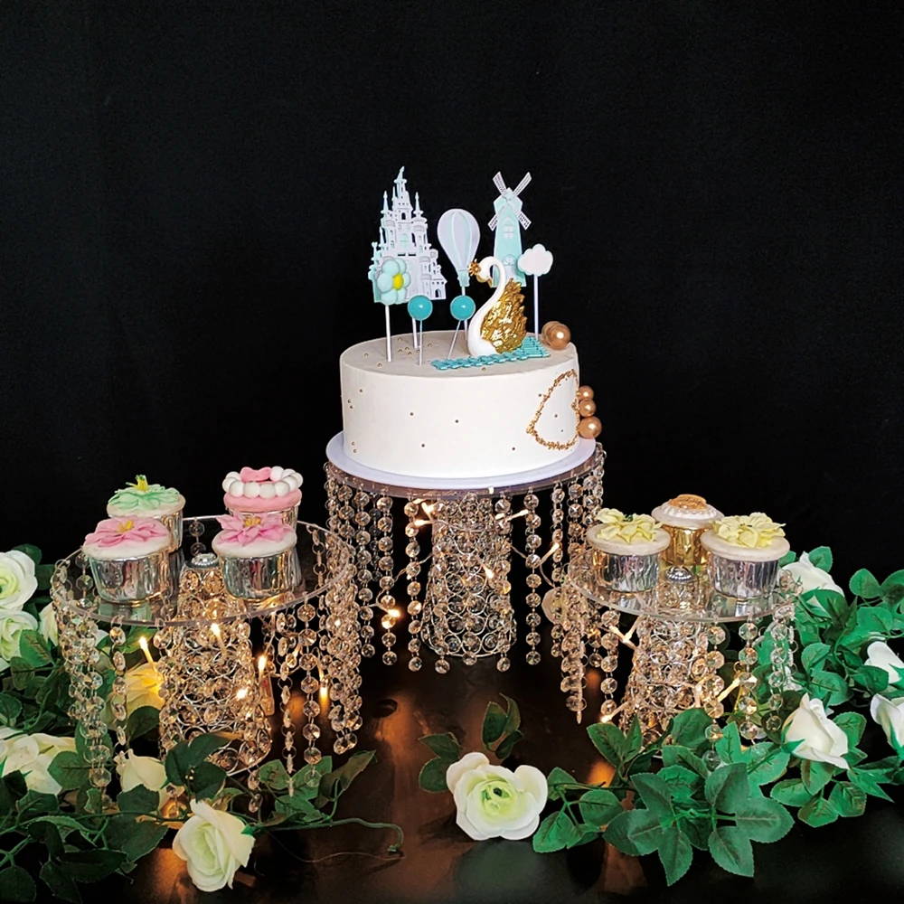 1pcs-3pcs/lot  Round Cake Serving Stand with Crystal  Dessert Cupcake Pastry with Hanging Acrylic Crystals for Wedding Event