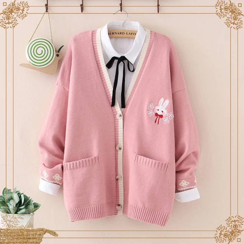 

New Autumn Korean Mori Girl Sweet Lolita Cute Bunny Embroidery Knitted Sweater Japanese Women Long Sleeve Cardigan Coat Knitwear