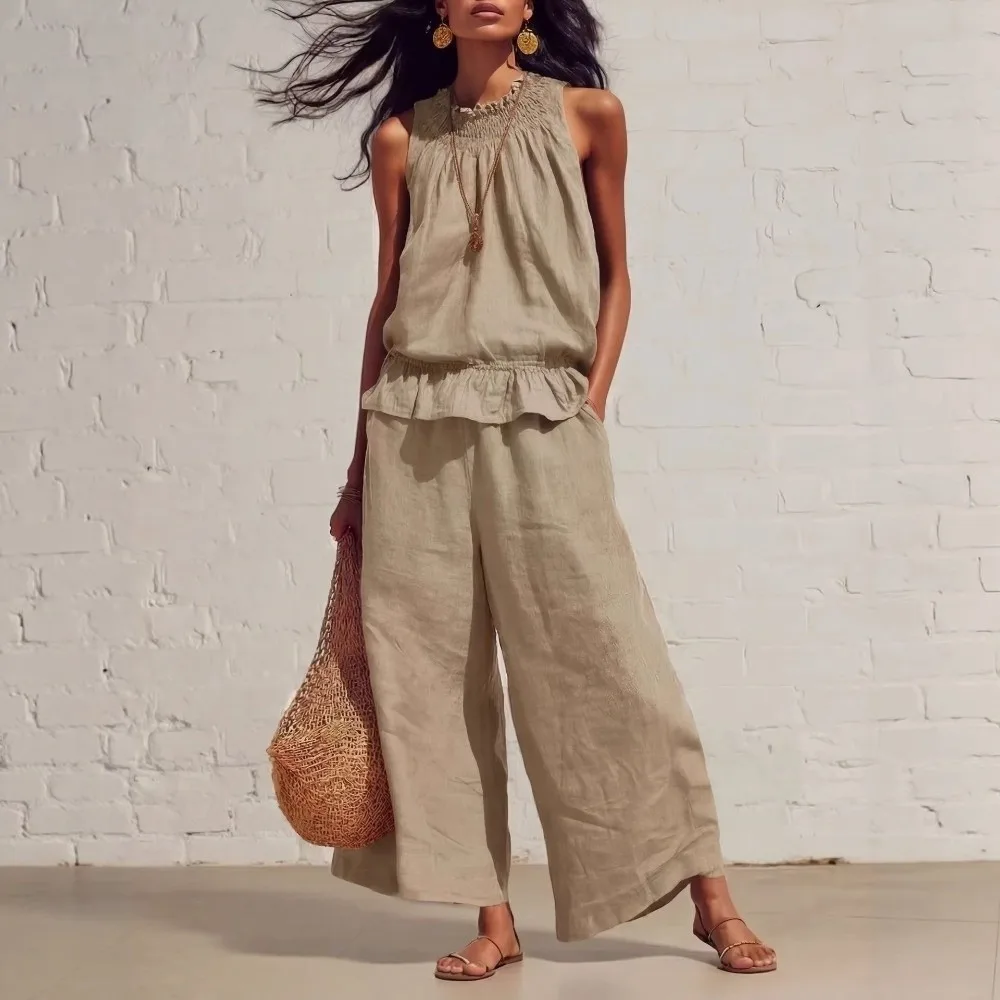 Faux Linen Ruffle Outfit Ruffle Hem Smocked Neckline Ladies' Suit Lightweight Woven Solid Color Summer Pants Set Casual Outings
