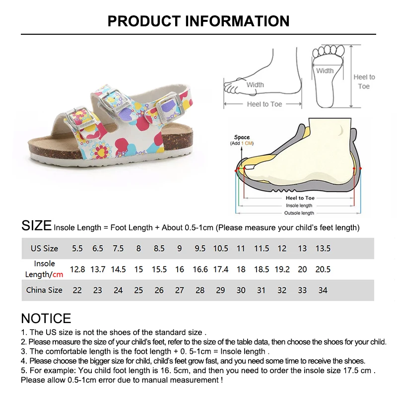 Summer Kids Sandals Cartoon PU Printing Leather Flat Heels Boys Cork Sandals for Girl Kids Toddler Buckle Strap Beach Slipper