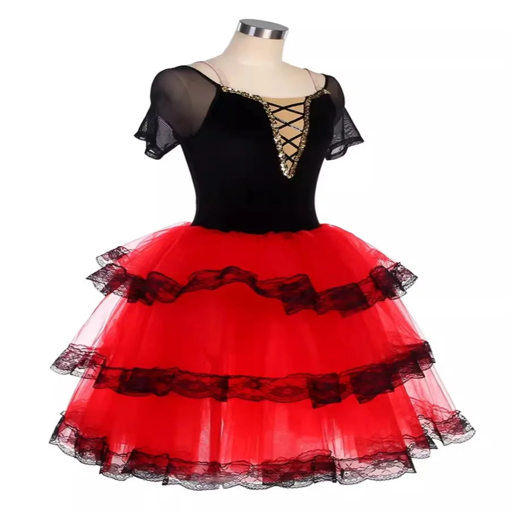 Straped Red Spanish Dress For Adult Girls Long Romantic Ballet Tutus Performance Tutu Costumes Ballerina Dresses Velvet Bodice