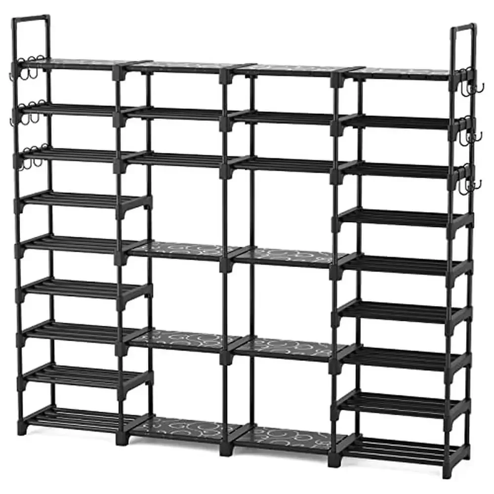 

Extra Large 9-Tier Heavy Duty Vertical Shoe Rack Organizer with 18 Hooks Shoe Shelf Storage Entryway Closet Garage Waterproof PP