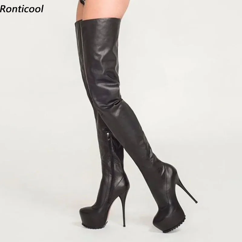 

Ronticool Handmade Women Winter Platform Thigh Boots Sexy Stiletto Heels Round Toe Black Bnaquet Shoes Ladies Us Plus Size 5-20