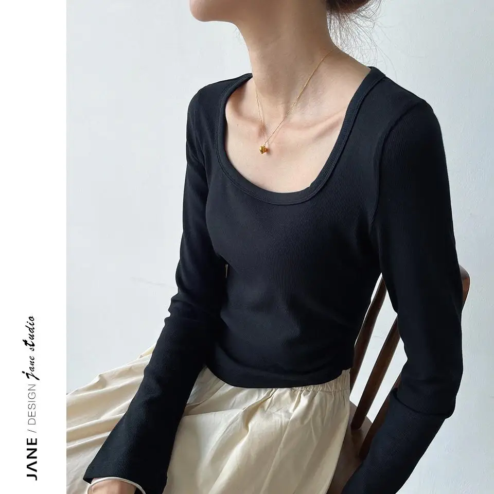 

JANE Women's Square Collar Base irt Long Sve U-Ne Slim Fit T-irt Commute Sle Cotton Regular Thiened oulder