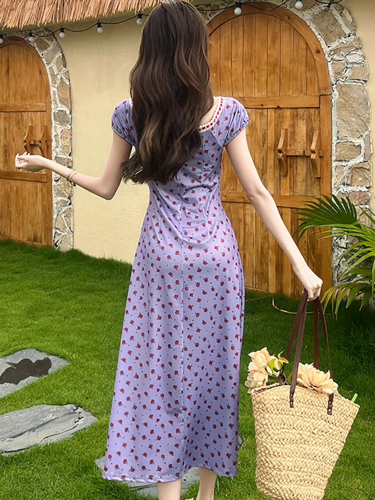 Zomer Paars Satijn Bloemen Chique Strik O-hals Lange Jurk Vrouwen Koreaanse Vintage Luxe Avondjurk 2025, Elegante Bodycon Feestjurk