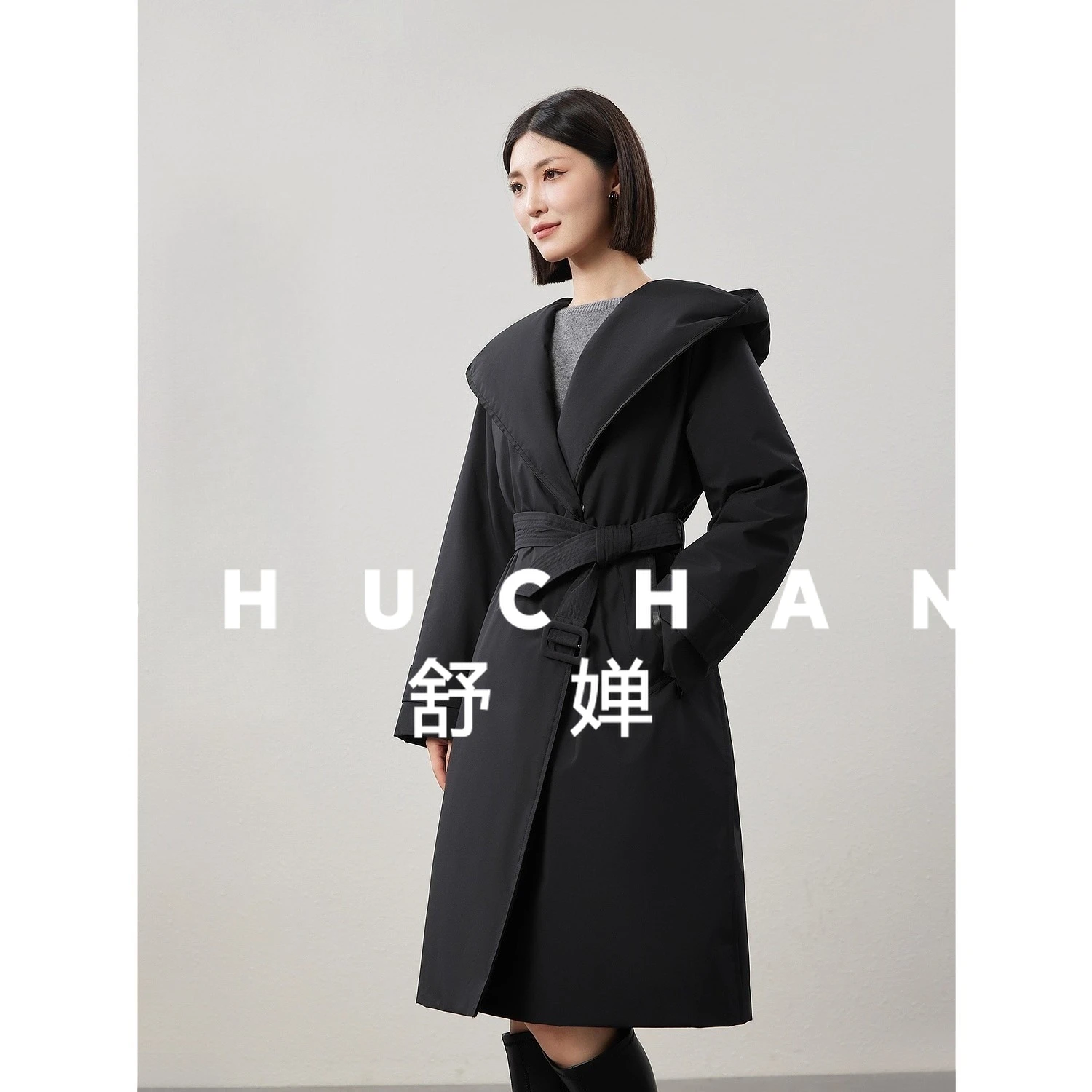 

Fashion Trench Coat Silhouette 50D High Elastic Composite 90 White Goose Down Integrated Hooded Down Jacket WOMEN