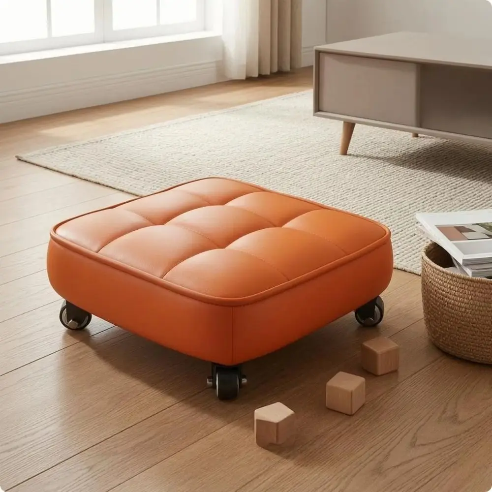 Minimalist Upholstered Swivel Caster Stool Square Shape Stitched Low Sliding Bench 360° Portable Foot Stool Grout Work
