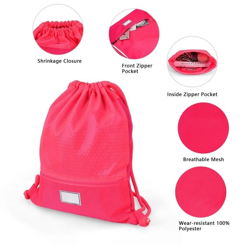 

Drawstring Backpack String Bag Foldable Sports Sack with Zipper Pocket-Pink