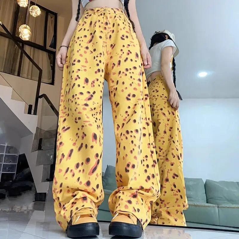Frühling und Herbst Neue frauen Hohe Taille Gerade Bein Breite Bein Hosen Amerikanischen Retro Leopard Muster Hot Girl Jeans mode