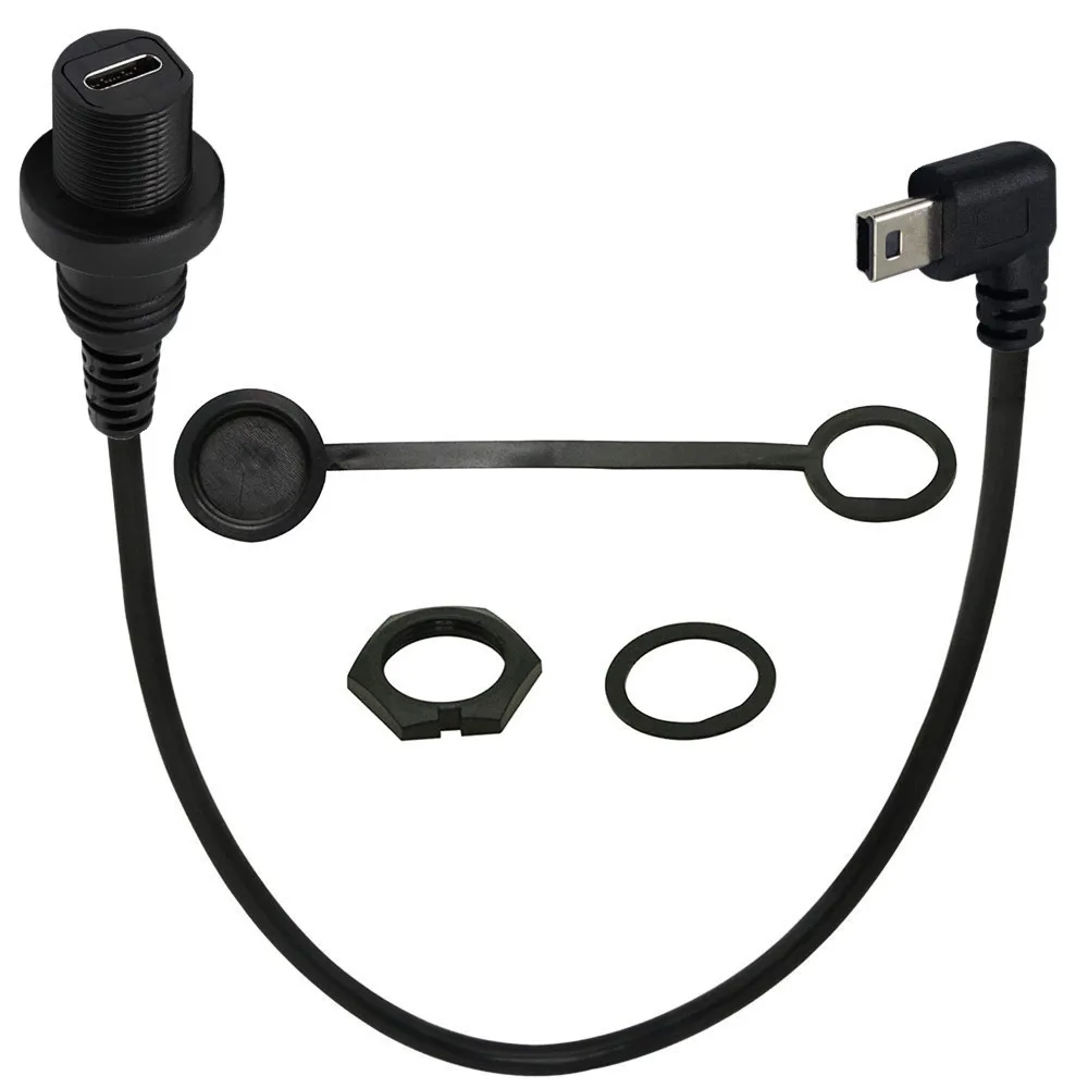 Mini USB 90° Angle Male to USB 3.1 Type C Female  AUX Flush Panel Mount Waterproof Cable for Car Truck Boat Motorcycle Dashboard