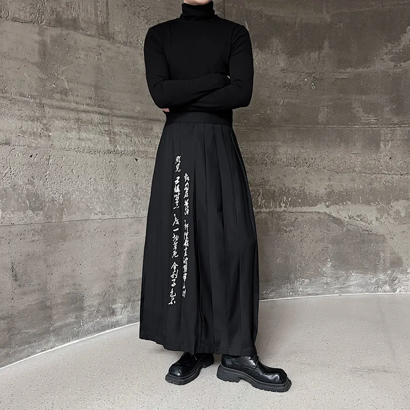 

Новая китайская длинная юбка-трапеция для мужчин с вышивкой каллиграфией, плиссированная юбка Ханьфу для мужчин и женщин, повседневные брюки