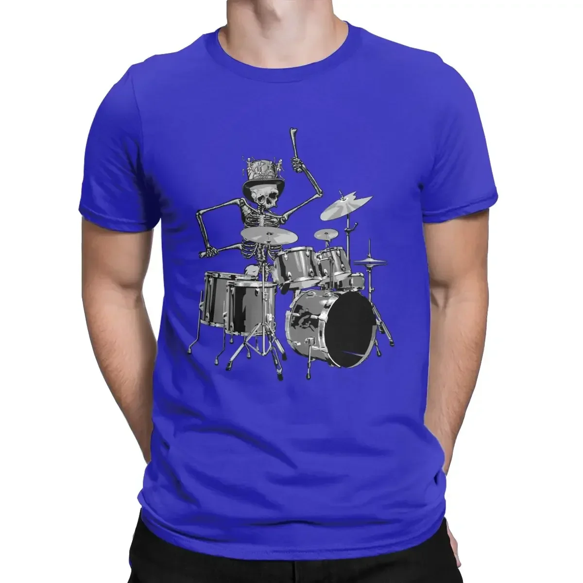 Vintage Pure Cotton Tee Shirt Crewneck Short Sleeve T Shirt Gift Idea Clothing Skeleton Drum Kit Hat Music Band T-Shirts for Men