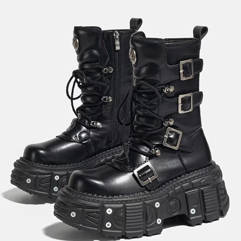 

2024 New Punk Women Shoes Platform Motorcycle Gothic Lace Up Middle Boots Fashion Rock Style Knight Boots for Women