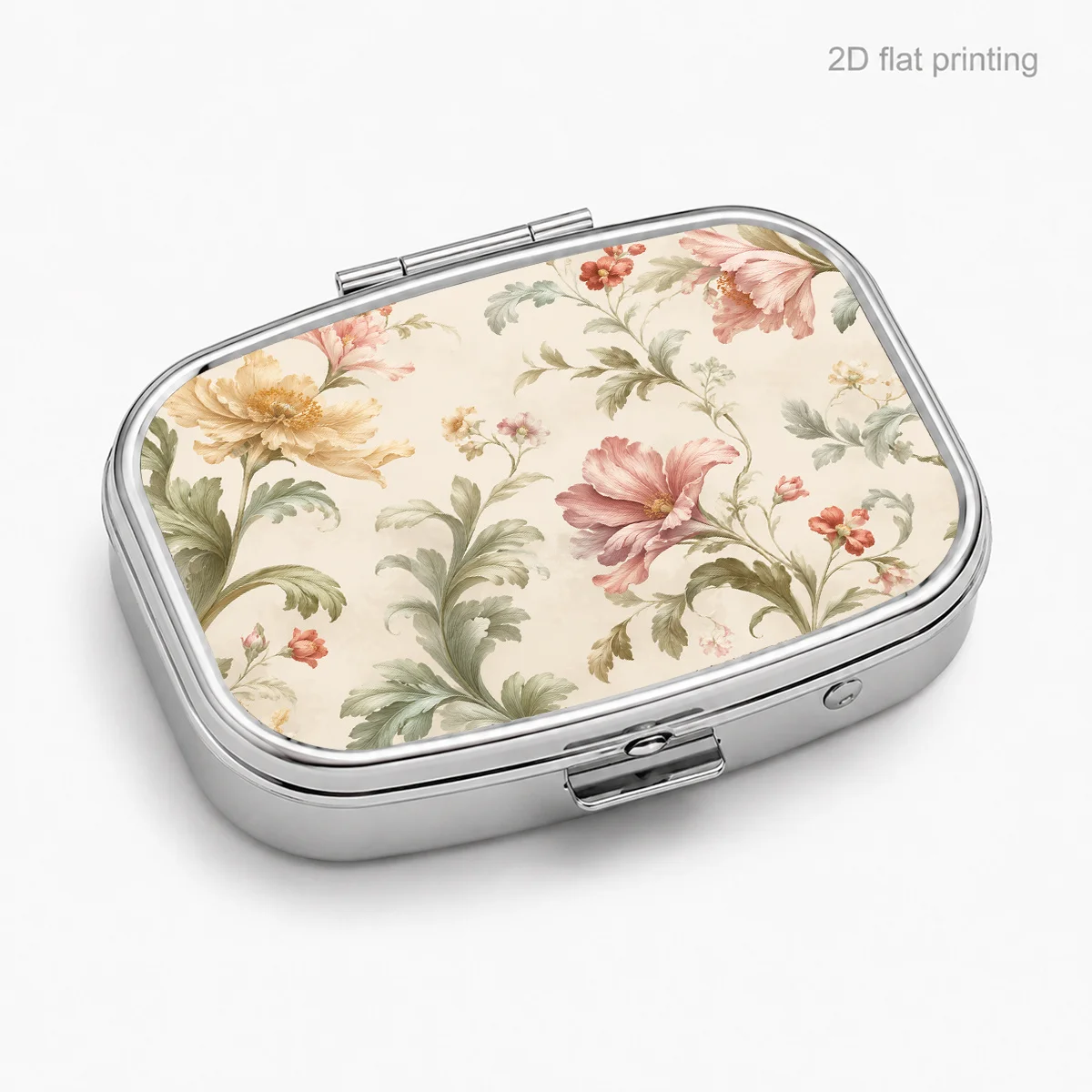 Single-piece, flat-printed, vintage European-style floral and plant decorative pattern, rectangular portable multi-compartment storage box, sealed and moisture-proof, suitable for carrying vitamins and pills, a stylish choice for girls on the go, flat design