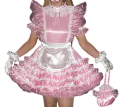 New Hot Selling Lady Pink Satin Lace Lace Lace with Gloves Bag Maid French Uniform Party Dress Custom