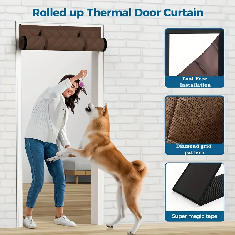 Heavy Duty Thermal Door Curtain Roll Up Storage Design Windproof Insulated Brown Polyester Living Bedroom Privacy