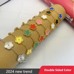 Pulsera de trébol de doble cara para mujer, acero inoxidable chapado en oro de 14K, pulseras de eslabones de cinco hojas de la suerte, joyería de muñeca, regalo encantador