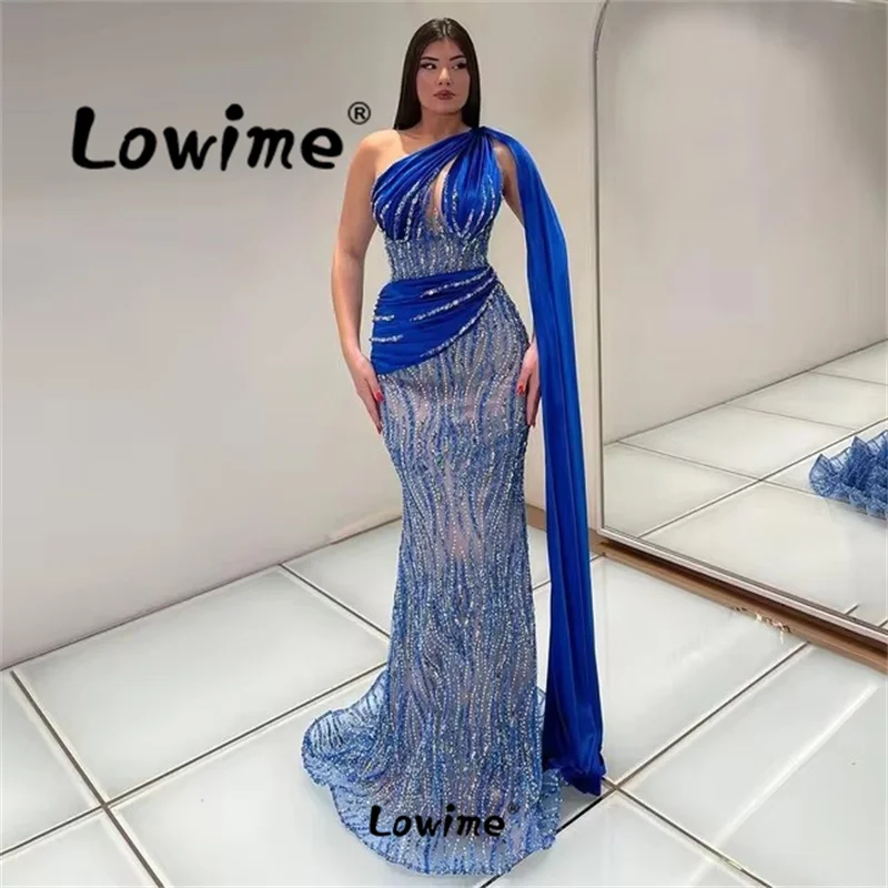 2024 Customize Pink Blue Orange Mermaid One Shoulder Elegant Beaded Arabic Evening Dresses Party Gowns For Women Wedding Prom