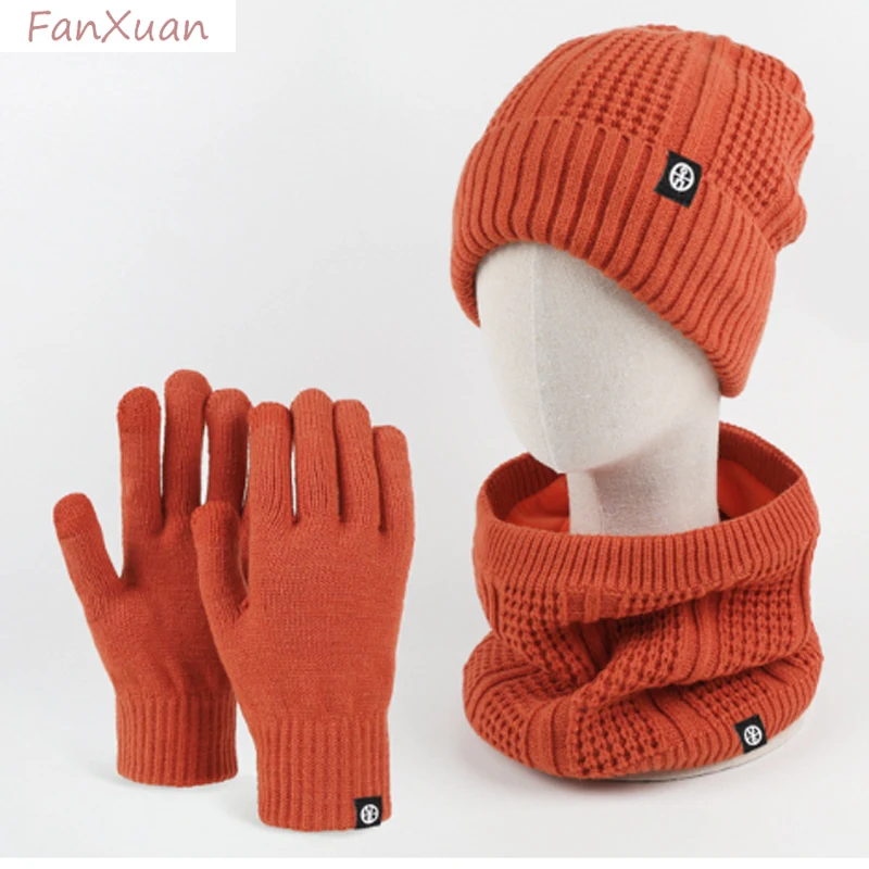 3pcs Winter Hats Scarf Gloves Set for Women Thick Plush lining double layers Beanies Snood Set Female purple orange green blue view 5