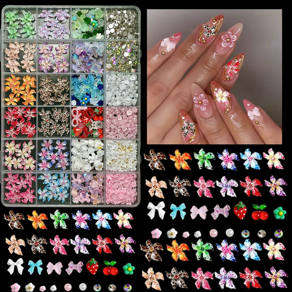 1 caja 3D de múltiples estilos, flores coloridas, decoraciones artísticas de resina para uñas, flores manchadas dulces, Mini diamantes de imitación, dijes para uñas mixtos DIY