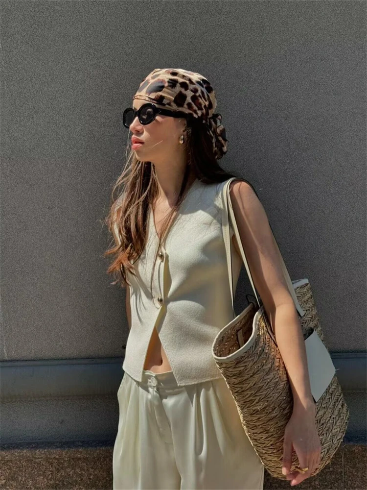 PB&ZA Women's 2024 Summer New Style Elegant V-neck Gold Button Sleeveless Tank Top/Knitted Skirt Set