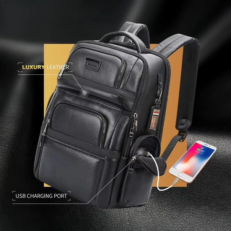 شحن BSCI للرجال شعار مخصص كبير 15.6 بوصة كمبيوتر محمول سفر الأعمال مكافحة سرقة حقيبة ظهر جلدية أصلية فاخرة