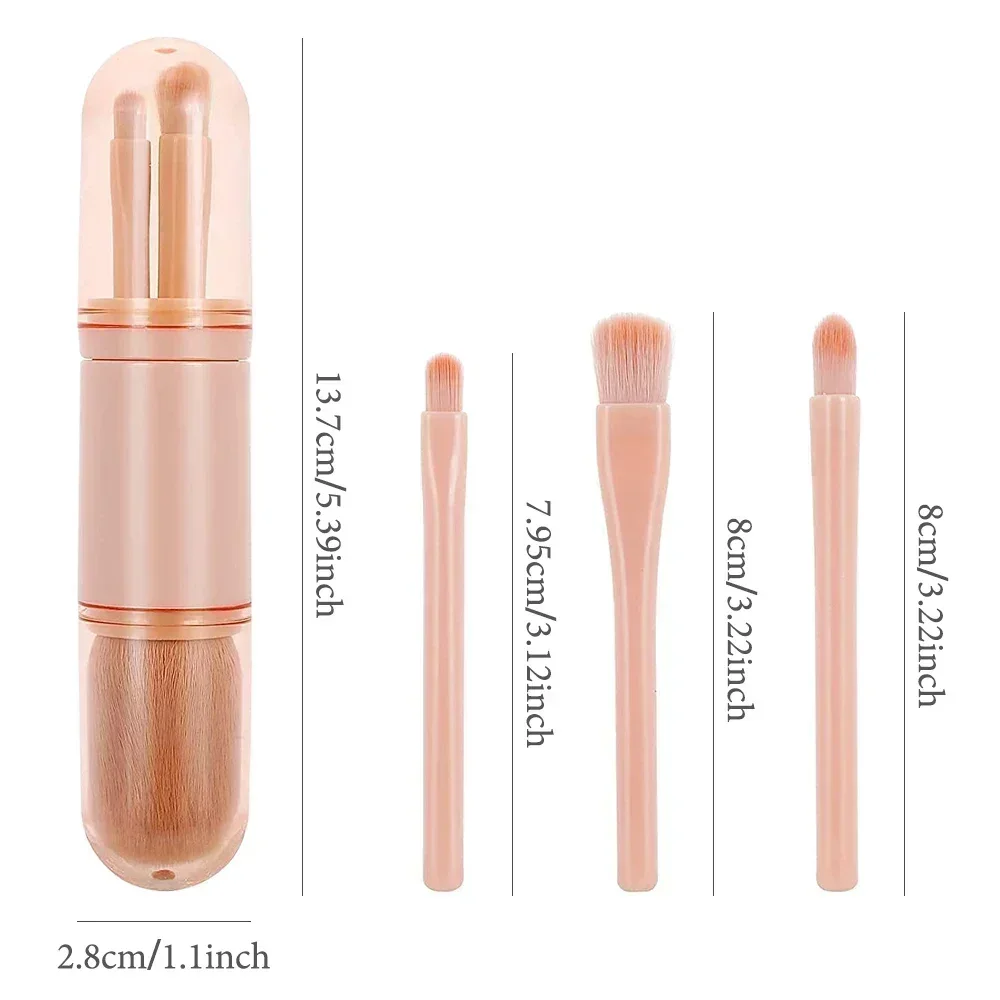 Juego de brochas de maquillaje de viaje 4 en 1, brocha Kabuki retráctil y 3 brochas pequeñas para ojos con cerdas suaves, pequeña y portátil para retocar