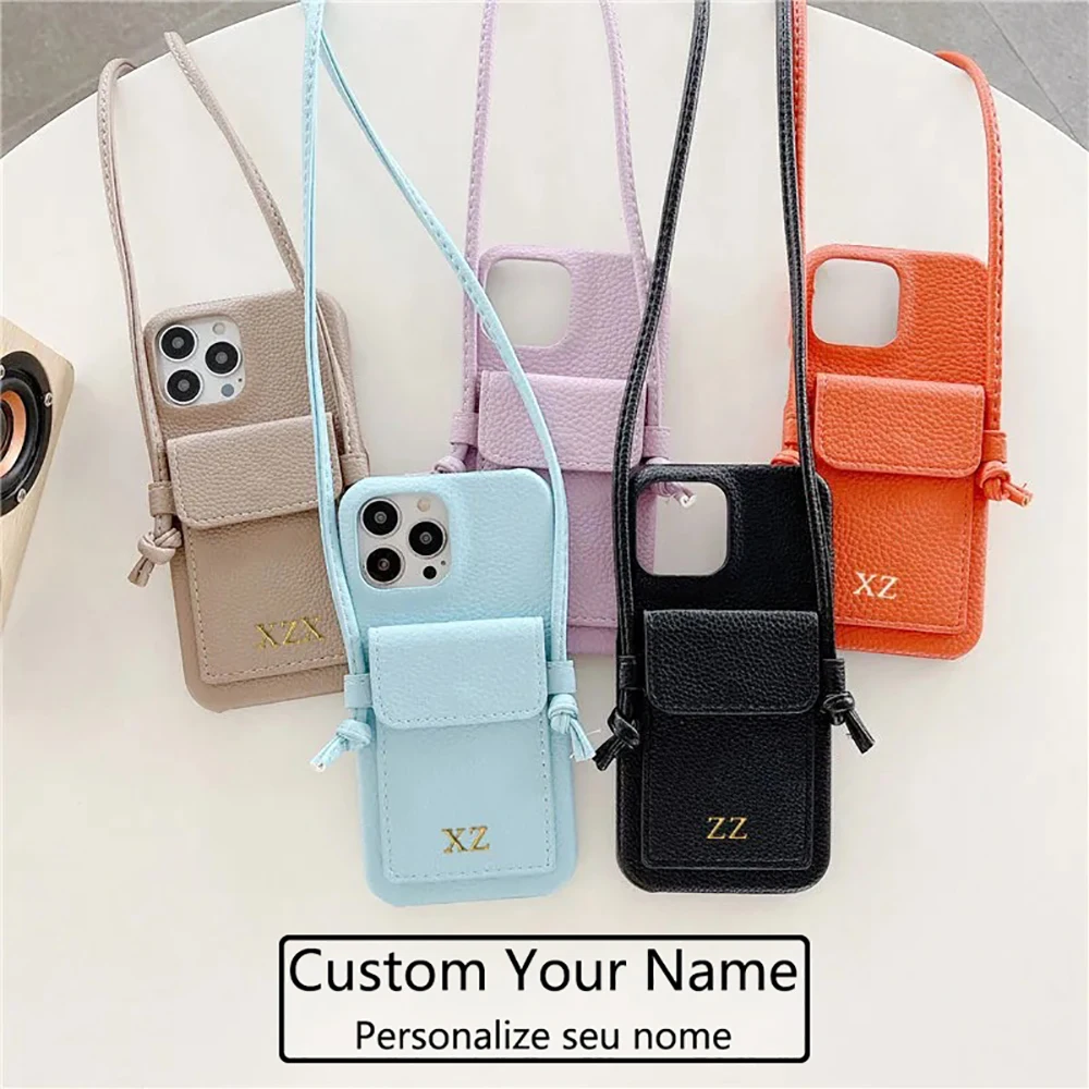 Personalized Name Letters Leather Card Holder Lanyard Hard Phone Case For iPhone 15 14 13 12 11 Pro Max XS XR 8 7 Plus SE Cover