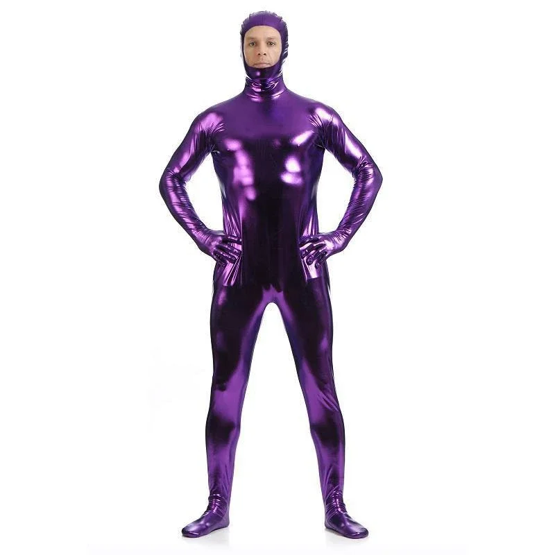 Men Women Full Body Suit Spandex Zentai Metallic Shiny Bodysuit Expose Face Jumpsuit Halloween Party Carnival Cosplay Costume