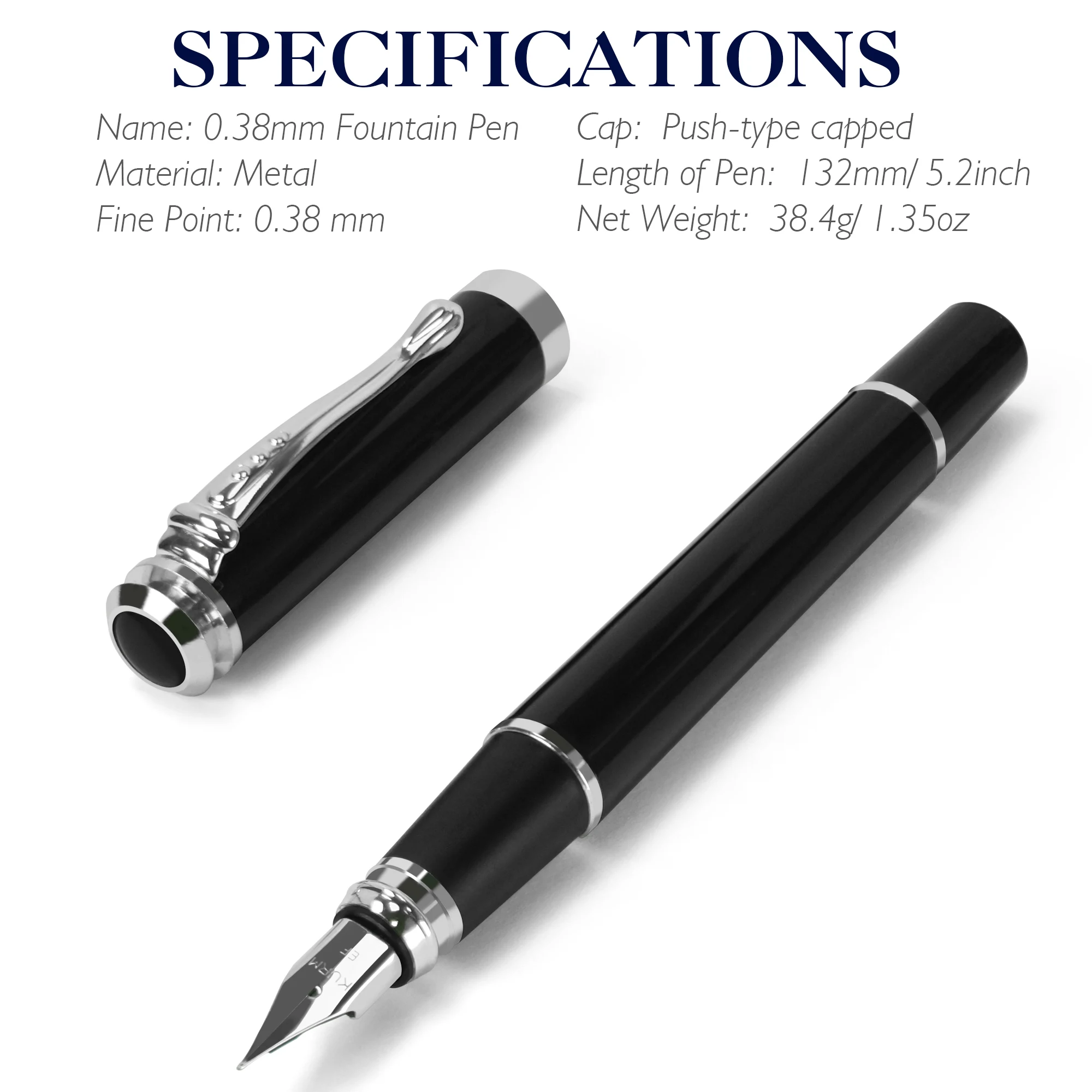 STONEGO 0.38mm Extra Fine Nib Fountain Pen, Black Metal Calligraphy Writing Gift Pen