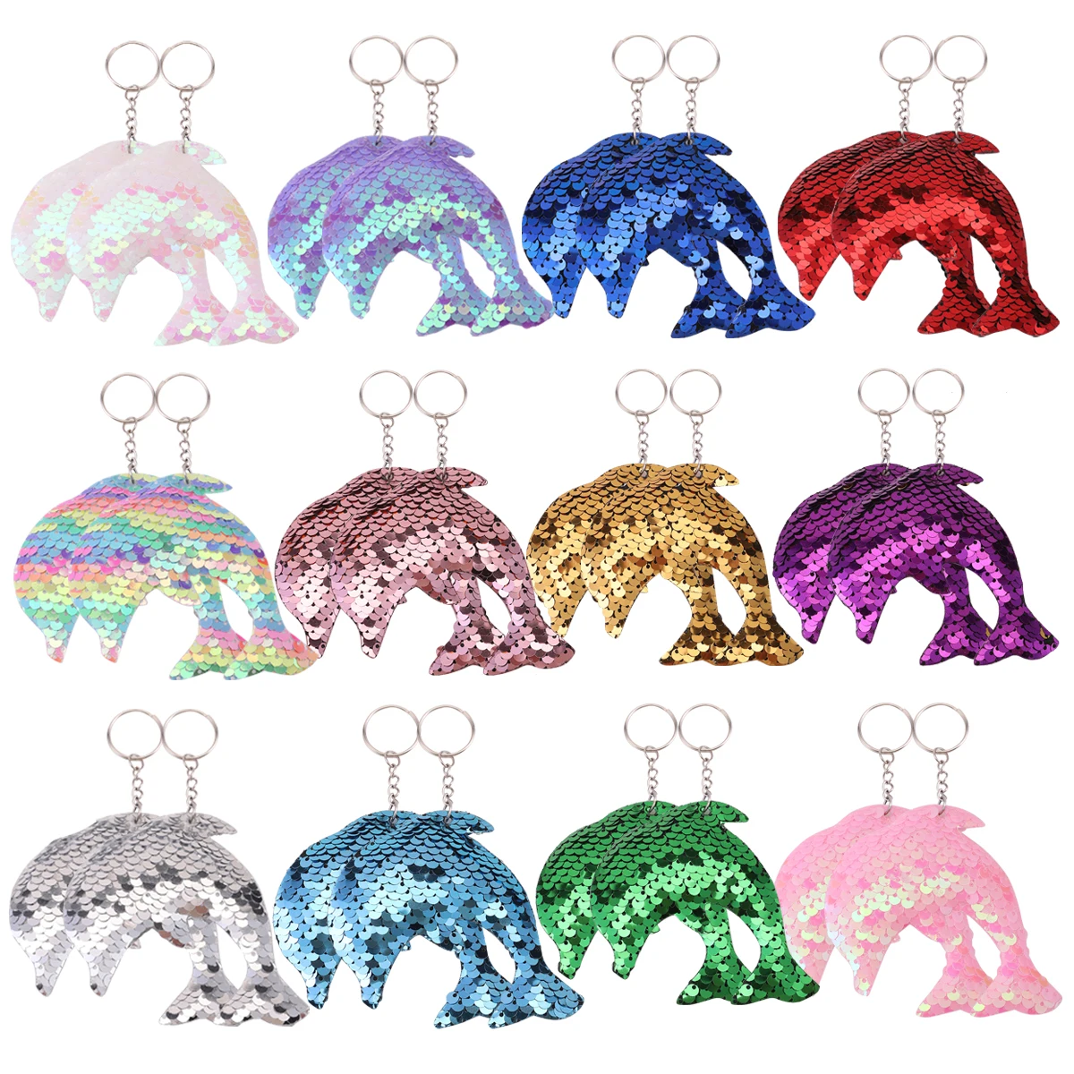 24Pcs Cartoon Dolphin Sequin Keychains, Sparkling Flip Sequin Ocean-Themed Key Rings, Starfish Turtle Fish Tail Animal Shapes