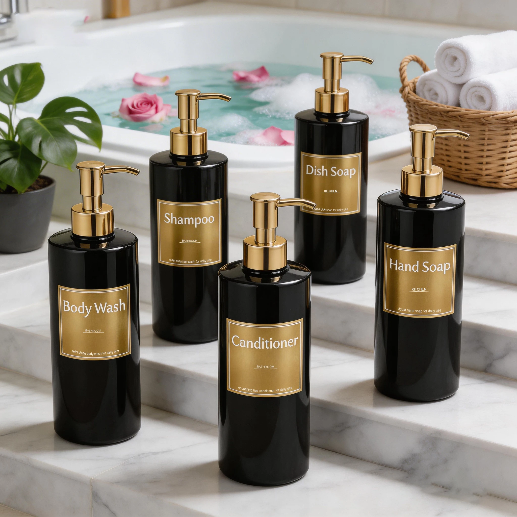 Dispensador de Jabón Recargable Negro y Dorado, Botella Vacía para Champú, Acondicionador, Gel de Ducha, Jabón de Manos y Lavavajillas para Baño y Cocina