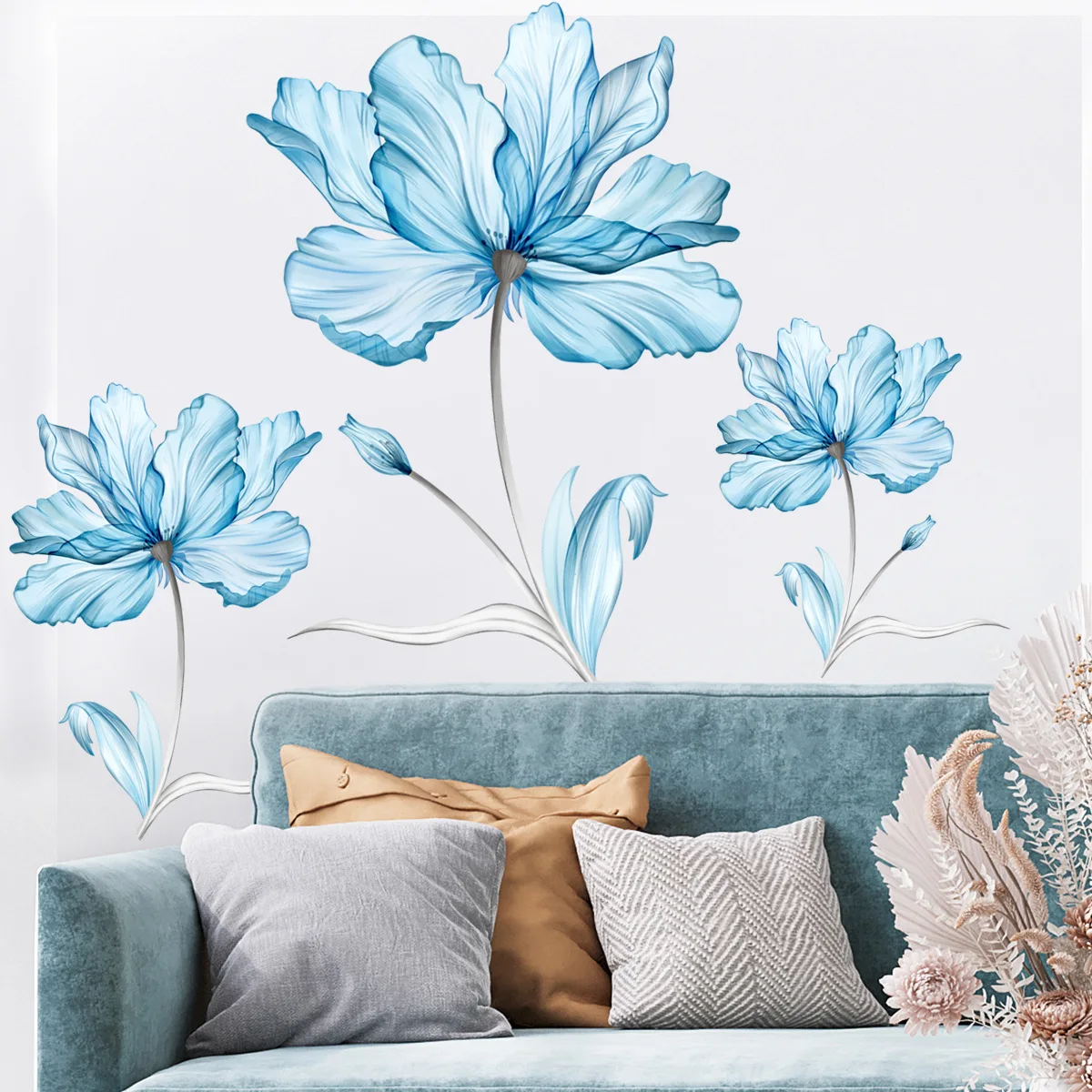 Light Blue Floral Wall Sticker For Living Room Door Sofa Background Decoration Wallpaper Self Adhesive Decal Flowers Home Decor