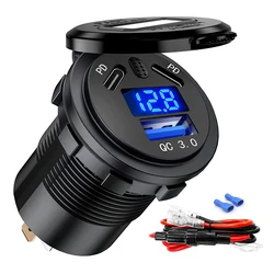 Kewig 108W USB Car Charger Socket Dual PD Type C QC 3.0 with Voltmeter Power Switch Fast Charging for 12-24V Car Boat Motorcycle