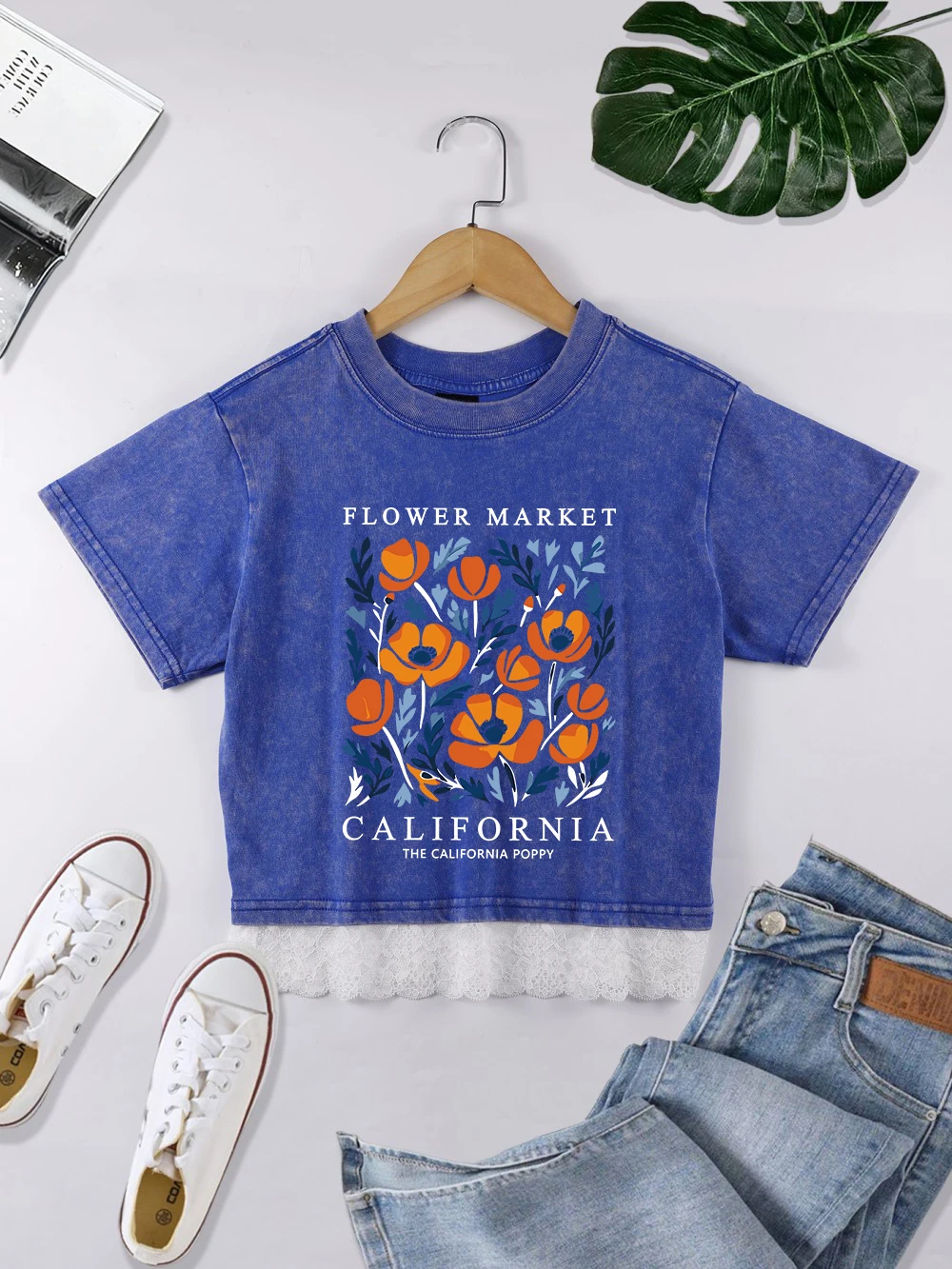 

Flowers Market California Prints Cotton Washed T-Shirts Street Summer Lace Hem Crop Tops O-Neck Regular Fit Tees Casual Clothes