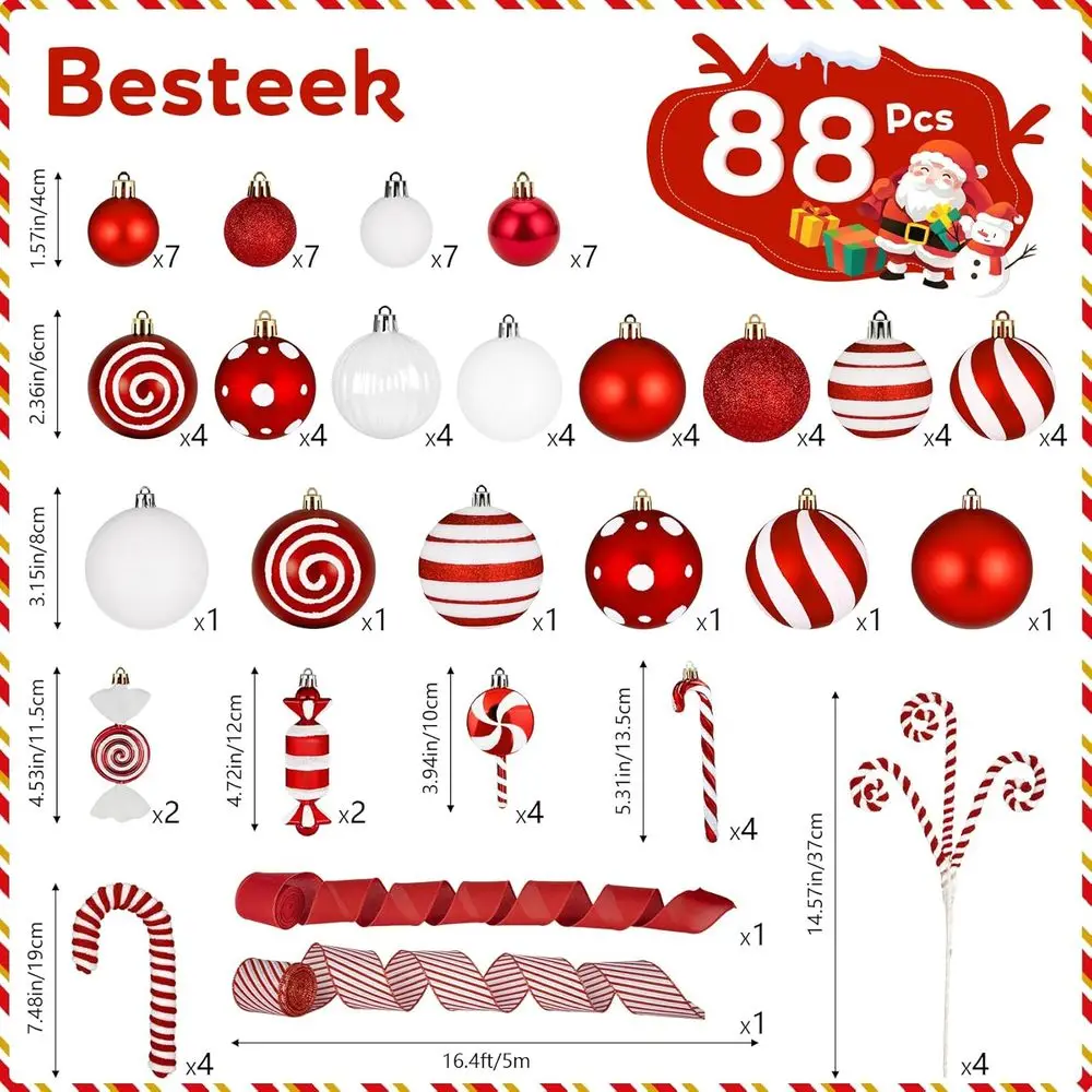 Conjunto de enfeites de árvore de Natal com tema de bastão de doces de 88 peças com pirulito, fita e bolas inquebráveis para decoração festiva de férias