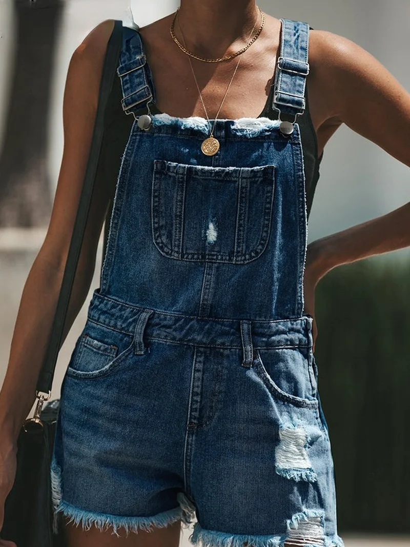 Denim Overalls Women's Ripped Short Short Jumpsuit High Waist Casual Jeans Jumpsuit 2024 Summer Washed Denim Jumpsuit Overalls