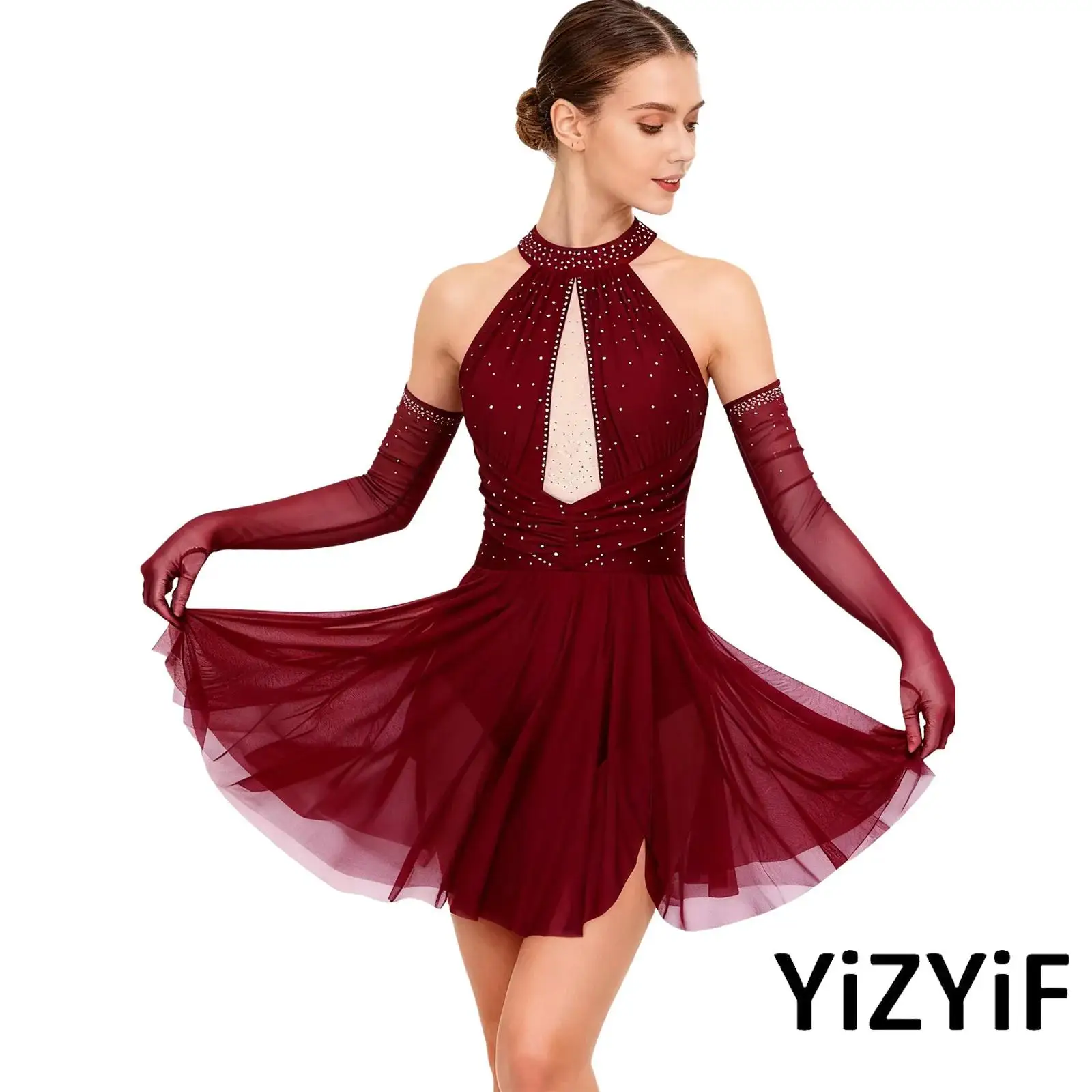 

Women Lyrical Dance Dress Latin Backless Rhinestone Sleeveless Dress+Glove for Gymnastics Figure Skating Competition Performance