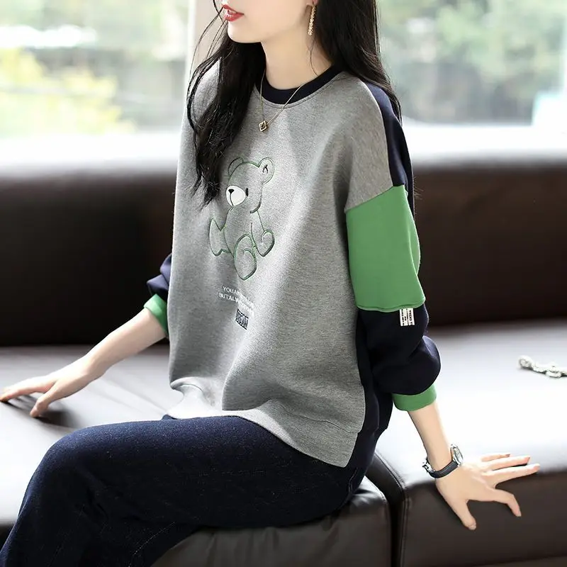 Autumn Winter Fashion Round Neck Women\'s Cartoon Sweatshirts Casual All-match Long Sleeve Contrast Color Tops Female Clothing