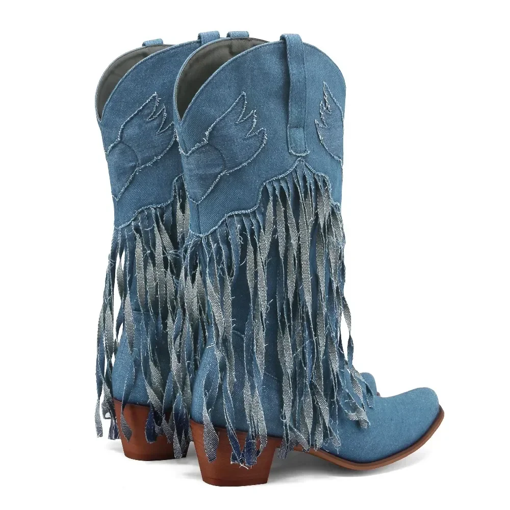 Winter Western Women Mid-calf Boots Cowboy Blue Fringe Denim High Block Heels Winter Cowgirl Round Toe Tassel Slip-on Half Boots