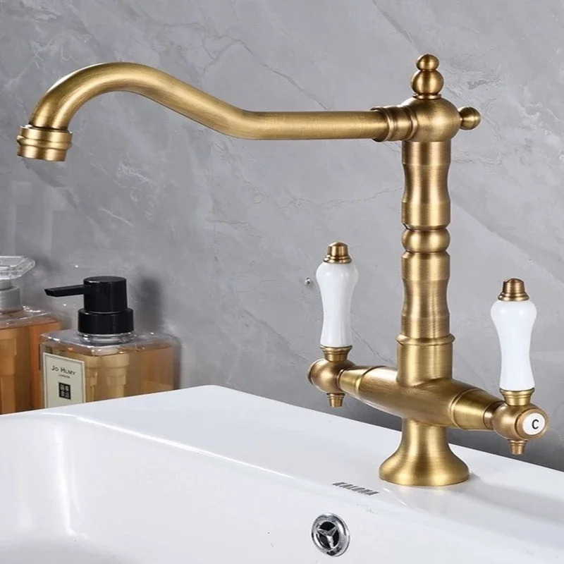 Antique Brass Kitchen Faucet Matte Black Pull-Out Tap Hot Cold Water Mixer Deck Mounted Single Handle