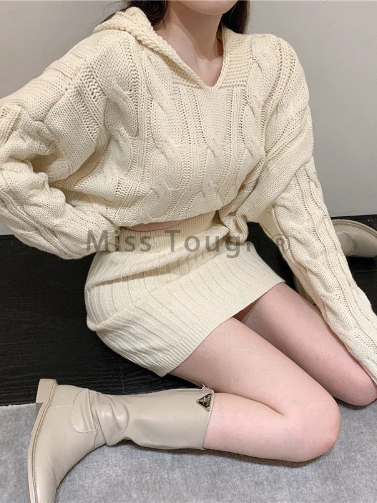 Beige Sweater Two Piece Set Women Korean Elegant Party Mini Skirt Set Female Casual Designer Knitted Skirt Suit 2023 Autumn New