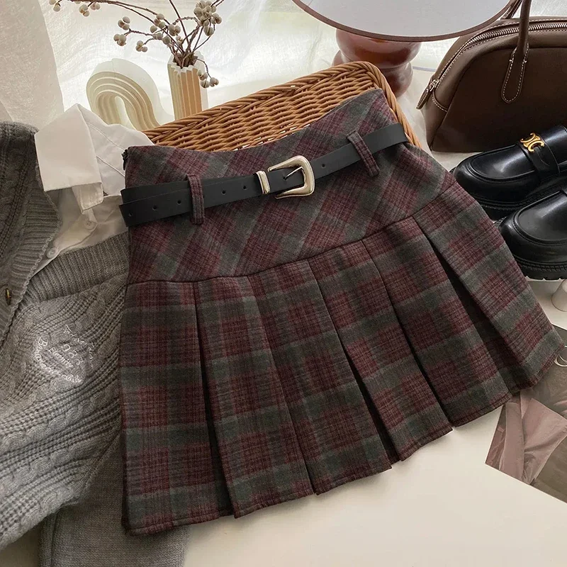 Faldas plisadas Vintage a cuadros con cinturón para mujer Y2K Otoño Invierno falda acampanada coreana combinable con todo Minifalda informal de cintura alta E10855