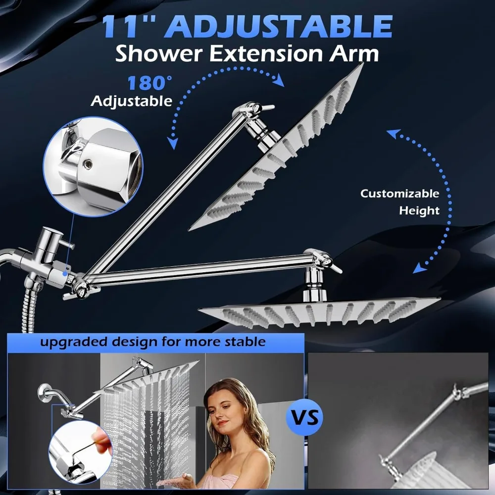 Modern 12-Inch Rain Shower Head with Handheld Spray, 11-Inch Extension Arm, 6 Settings, Anti-Leak, Built-in Power Wash