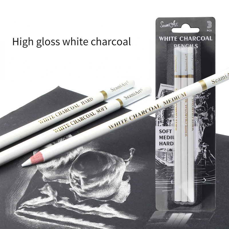 

Soft/Medium/Hard 3-Pack High Gloss White Charcoal Sketch Art Painting Design Professional White Pencil School Art Supplies