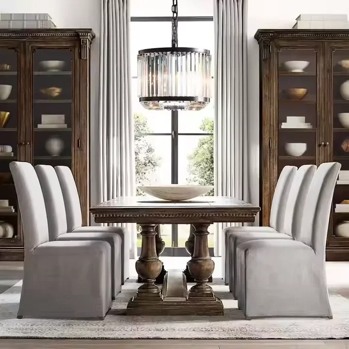 

-Wood Distressed Dining Table Set French Retro Simple European Rectangular Office Conference Workbench Modern