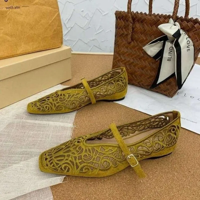 Women Hollow Cutout Mary Jane Flats Square Toe Single Strap Buckle Flat Shoes Ladies Breathable Summer Casual Dress Ballet Shoes